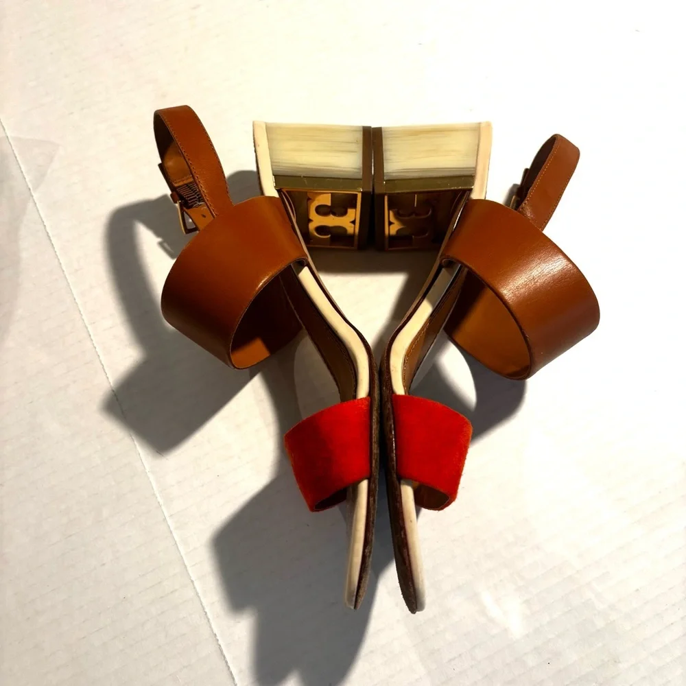 Tory Burch Two-Tone Tan and Orange Block Heel Sandals